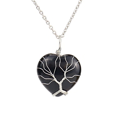 Obsidian Natural Obsidian Heart Pendant Necklaces, Platinum Copper Wire Wrap Necklace, 20.47 inch(52cm)
