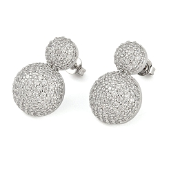 Платина Плоские круглые прозрачные кубические циркониевые серьги-гвоздики, серьги из латуни для женщин, без кадмия и без свинца, долговечный, платина, 20.5x13 мм