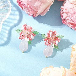 Красный Серьги-гвоздики из натурального тигрового глаза, стеклянные бусины ручной работы, цветок, красные, 39~40x27~31 мм