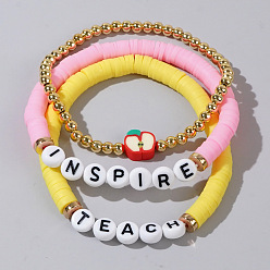 Yellow Teachers' Day Plastic Letter Inspire Teach Polymer Clay Heishi Beaded Stretch Bracelet Sets, Red Apple 3-Strand Adjustable Stackable Bracelets, Yellow, 6.89 inch(17.5cm), 3pcs/set
