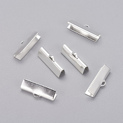 Silver Brass Ribbon Crimp Ends, Lead Free and Cadmium Free, Silver Color Plated, Size: about 20mm long, 4mm thcik, hole: 1x3mm