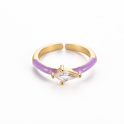 Dark Orchid Brass Enamel Cuff Rings, Open Rings, Solitaire Rings, with Clear Cubic Zirconia, Nickel Free, Rhombus, Golden, Dark Orchid, US Size 7(17.3mm)