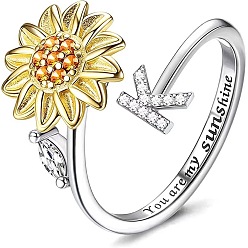 Letter K Регулируемые вращающиеся манжеты из латуни со стразами, письмо и подсолнух, Словом ты мое солнышко, Кольцо-спиннер для успокоения беспокойства, медитации, платина и светлое золото, Письмо K, внутренний диаметр: 15~20 мм