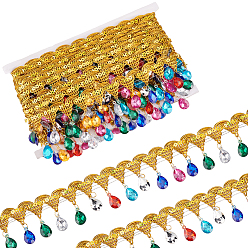 Gold Polyester Tassel Lace Ribbon, Sparkle Paillette Lace Trim with Colorful Plastic Rhinestone Fringe Trimming, for Garment Accessories, Gold, 1-7/8 inch(48.5mm), about 9.84 Yards(9m)/pc