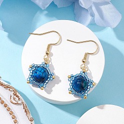 Небесно-голубой Серьги-подвески из натурального тигрового глаза, с 304 крючками для сережек из нержавеющей стали и стеклянной бусиной, золотые, голубой, 36x17.5 мм