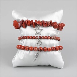 Красный Камень 3 Браслеты из сплава и бусин натуральной красной яшмы с подвесками, эластичные браслеты для женщин, лист, луна и звезда, 7.48 дюйм (19 см)