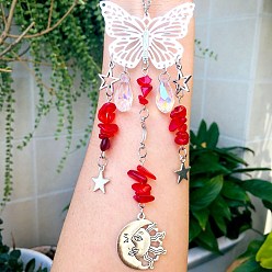 Red Teardrop Glass & Metal Butterfly Pendant Decorations, Hanging Suncatchers, with Lampwork Chips, for Home Decoration, Moon/Star/Sun, Red, 230mm