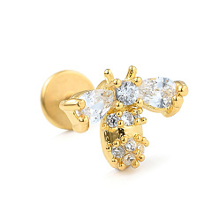Bees Серьги-гвоздики из нержавеющей стали с микропаве из прозрачного кубического циркония для женщин и мужчин, плоская серьга сзади, Пчелы, 6 мм, штифты : 1.2 мм