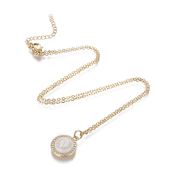 Letter D Brass Initial Pendant Necklaces, with Shell, Cubic Zirconia and 304 Stainless Steel Cable Chains, Flat Round with Letter, Letter.D, 17.5 inch(44.5cm), 1.5mm