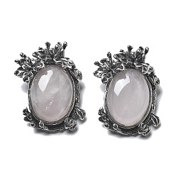 Розовый Кварц Природного розового кварца подвески, овальные подвески с латунными листьями, античное серебро, без свинца и без кадмия, 28x21x9 мм, отверстие : 6.5x3 мм