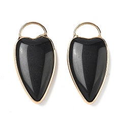 Обсидиан Природные подвески обсидиана, подвески в форме сердца с латунной оправой, золотые, 35x17x6 мм, отверстие : 6x9 мм