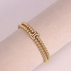 Letter I Браслеты из латуни с микропаве из прозрачных кубических циркониевых бусин, двойные нити, эластичные, для женщин, буква и круг, золотые, Буква "i", 6.69 дюйм (17 см)