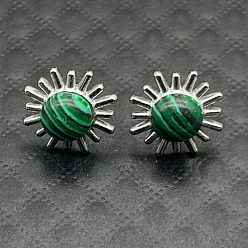 Серебро Серьги-гвоздики из сплава с натуральным тигровым глазом и цветком, серебряные