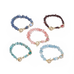 Mixed Stone Glass Rectangle Link Bracelet with Natural & Synthetic Mixed Gemstone Chips Beaded Chains for Women, 7-3/4 inch(19.7cm)
