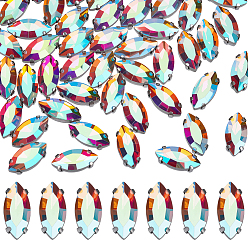 Прозрачный АВ 50Шитье со стразами, многожильных ссылки, стекло горный хрусталь, с латунными зубцами в платиновых тонах, аксессуары для одежды, граненые, лошадиный глаз , ясно AB, 15x7x5 мм, отверстие : 0.8~1 мм, 50 шт / комплект