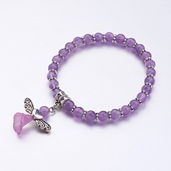 Аметист Природный аметист бисер растянуть шарм браслеты, с тибетскими бисером стиле и прозрачные акриловые бусины, матовые, ангел, 2-1/8 дюйм (55 мм)