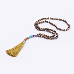Tiger Eye Nylon Tassel Pendant Necklace, with Tiger Eye and Mixed Gemstone Beads, 32.2 inch(82cm)
