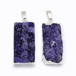 Silver Electroplated Natural Druzy Quartz Pendants, with Brass Findings, Dyed, Rectangle, Purple, Silver Color Plated, 34.5~36x15~16x5~12mm, Hole: 8x5mm