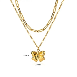 Настоящее золото 18K 304 кулон ожерелья из нержавеющей стали бантом, двухслойные ожерелья, реальный 18 k позолоченный, 15.67 дюйм (39.8 см), бант : 14x15 мм