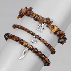 Тигровый глаз 3 Браслеты из сплава и натуральных бусин тигрового глаза с подвесками, эластичные браслеты для женщин, лист, луна и звезда, 7.48 дюйм (19 см)