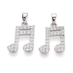 Платина Латунные микропаве прозрачные подвески с фианитом, прелести музыкальных нот, платина, 16.5x13x2 мм, отверстие : 4.5x2 мм