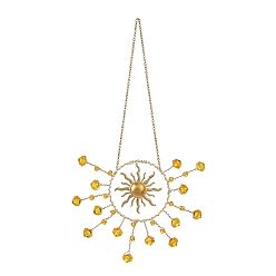 Yellow 304 Stainless Steel Sun Shape Hanging Suncatcher, Faceted Imitation Austrian Crystal Beads Prism Window Wall Decor, Yellow, 195x105x8mm
