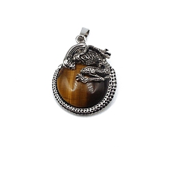 Tiger Eye Natural Tiger Eye Pendants, with Antique Silver Alloy Finding, Flat Round with Skull Charms, 40x35mm