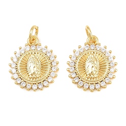 Plaqué 16K Or Véritable Pendentifs religieux en laiton sertis de micro-pavés de zircone cubique transparente, plat rond avec breloques vierge marie, réel 16 k plaqué or, 16x14x2.5mm, Trou: 3mm