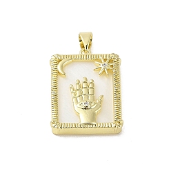 White Brass Micro Pave Cubic Zirconia Pendants, with Shell, Golden, Rectangle with  Palm & Star &Moon, White, 24.5x18x4mm, Hole: 6x3mm
