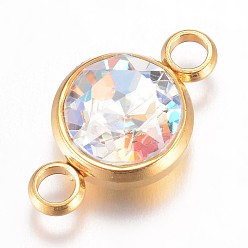 Хрусталь AB К 9 соединители стеклянные звенья, граненые, с 304 фурнитурой из нержавеющей стали, ионное покрытие (ip), плоско-круглые, золотые, хрусталь AB, 17.5x10x6.5 мм, отверстие : 2.5 мм