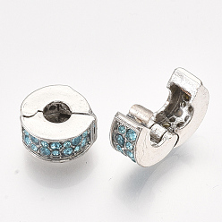 Аквамарин Латуни европейского застежками, бусины с большим отверстием, со стразами, плоско-круглые, платина, аквамарин, 11x5.5 мм, отверстие : 4 мм