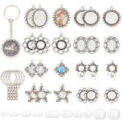 Античное Серебро Набор для изготовления брелка своими руками, в том числе железные кольца для ключей, Сеттинги для кулона(кабошонов), сплав, Кабошоны из стекла, цветок и овал, античное серебро, 72 шт / коробка
