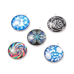 Stainless Steel Color Glass Pendants, with 304 Stainless Steel Pendant Cabochon Setting, Flat Round, Stainless Steel Color, 30x26x6mm, Hole: 2.3mm