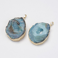 Светло-Синий Натуральные и окрашенные подвесные агатовые подвески, с латунной фурнитурой золотого цвета, самородки, голубой, 57~61x36~43x9~14 мм, отверстие : 5x8 мм