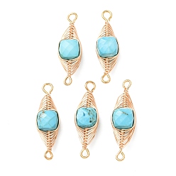 Бирюза Натуральные бирюзовые граненые кубические звенья, соединительные подвески с медной проволочной обмоткой в виде елочки., золотые, долговечный, 25.5~26x7.5~8x6.5~7.5 мм, отверстие : 1.6~2 мм