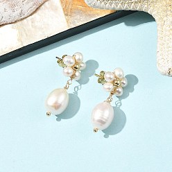 Creamy White Brass & Natural Cultured Freshwater Pearl Stud Dangle Earrings, Teardrop with Flower, Golden, Creamy White, 29x11mm