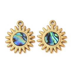 Настоящее золото 18K 304 подвески из натуральной ракушки пауа из нержавеющей стали, солнечные чары, ионное покрытие (ip), реальный 18 k позолоченный, 20.5x17.5x2 мм, отверстие : 1.6 мм