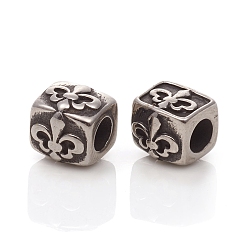Plata Antigua 304 de acero inoxidable de cuentas europeo, abalorios de grande agujero, cuboide con flor de lis, plata antigua, 7.5x8x7~7.5 mm, agujero: 4 mm