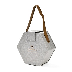 Light Grey Valentine's Day Hexagon Cardboard Gift Boxes, with PU Imitation Leather Handles, Light Grey, 28.5cm, Bag: 16.5x18.5x8cm