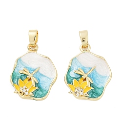 Настоящее золото 18K Латунные микропаве прозрачные подвески с фианитом, цветок, с эмалью, без кадмия и без свинца, реальный 18 k позолоченный, 23.5x18x4.5 мм, отверстие : 5.5x3 мм