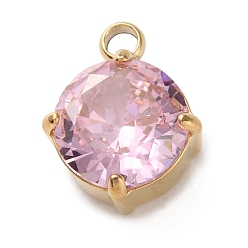 Pink 304 микро нержавеющей стали прокладывать Цирконом подвески, плоские круглые прелести, розовые, 10.5x8x4.5 мм, отверстие : 1.8 мм