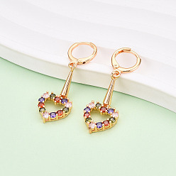Разноцветный Латунные микропроволочные кубические серьги с цирконием, долговечный, сердце, золотые, красочный, 41.5x13 мм