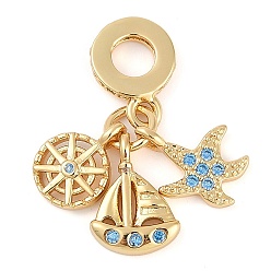 Светло-Синий Покрытие стойки латунь кубический цирконий европейские подвески с подвесками, подвески с большими отверстиями в виде штурвала, парусника и морской звезды, реальный 18 k позолоченный, долговечный, без кадмия и без свинца, голубой, 26 мм, отверстие : 4.5 мм