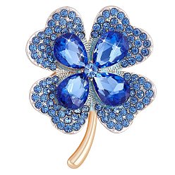 Bleu Broche trèfle zircone cubique, insigne en alliage doré pour vêtements de sac à dos, bleu, 42x50mm