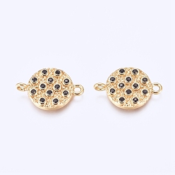 Black Brass Micro Pave Cubic Zirconia Links connectors, Flat Round, Golden, Black, 17.5x12x3mm, Hole: 1.6mm