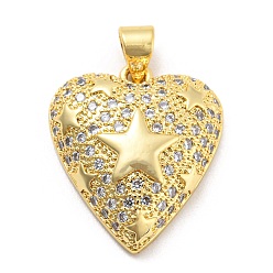 Star Brass Cubic Zirconia Pendants, with Jump Ring, Real 18K Gold Plated, Long-Lasting Plated, Lead Free & Cadmium Free, Heart, Star, 21x18x5.5mm, Hole: 5x3.5mm