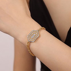 Golden Cubic Zirconia Hexagon Link Bracelet, with 304 Stainless Steel Chains, Golden, 7 inch(17.7cm)