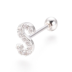 Letter S Boucles d'oreilles en argent sterling plaqué rhodium, micro pavé, zircone cubique transparente, haltère, cartilage, letter.s, 925mm, pin: 7x4x1.5 mm
