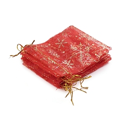Red Golden Snowflake Printed Organza Packing Bags, for Festival Christmas Day, Rectangle, Red, 12x10cm