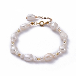Weiß Natürliche Barockperlen Keshi Perlen Perlen Armbänder, mit runden Messingperlen und 304 Federringverschlüssen aus Edelstahl, weiß, 7-1/2 Zoll (19 cm)
